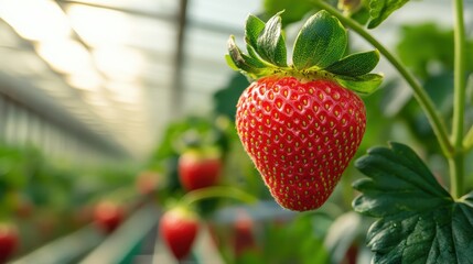 Close-up of a Red Ripe Strawberry Growing on a Plant in a Greenhouse.