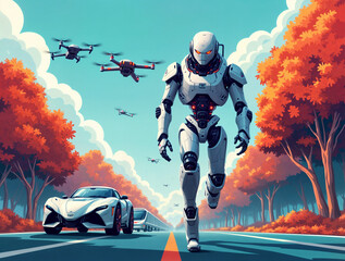 Poster - an android robot runs through a futuristic city surrounded by drones and other vehicles . Generative AI