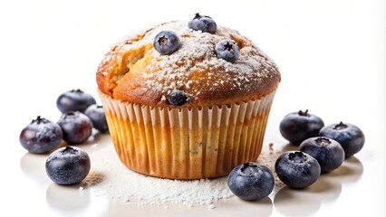 Blueberry muffin isolated on a white background with a beautifully textured surface featuring a freshly baked golden brown muffin topped with plump juicy blueberries and a sprinkle of powdered sugar