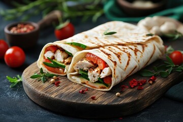 Wall Mural - Savory chicken wraps on wooden board with fresh ingredients