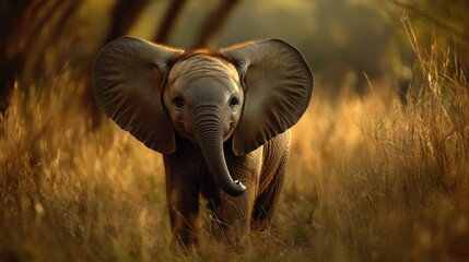 A Close-Up Portrait of a Young Elephant in a Field of Tall Grass