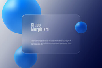 Poster - Glass morphism website landing page template. Presentation screen with glass overlay effect on floating gradient spheres. Frosted glass effect on dark background.