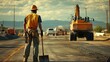 © KYR - A road repairman is seen from behind, reaching for his shovel, with construction machinery and vehicles working in the background on a road repair project