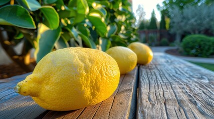 Canvas Print - Three lemons on a wooden surface. AI.