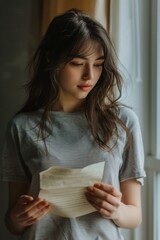 Wall Mural - A young woman reads a letter thoughtfully. AI.