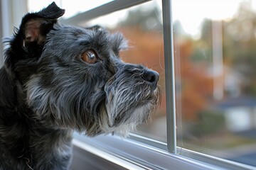 Wall Mural - A dog looks out the window. AI.