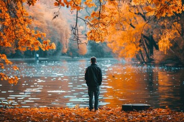 Sticker - A man stands by a lake in the fall. AI.