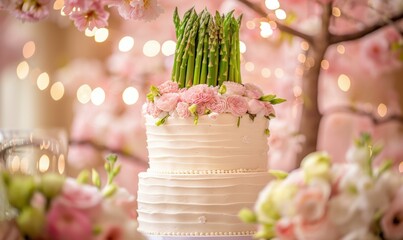 Sticker - A white cake decorated with asparagus and pink flowers. AI.