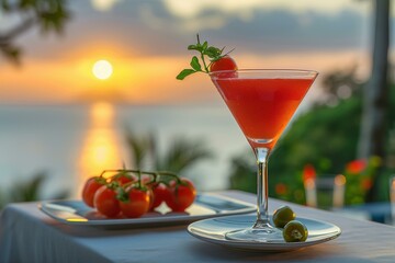 Poster - A refreshing drink with a tomato garnish enjoyed at sunset. AI.