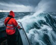 © serg3d - A man in an orange jacket navigates a boat through a stormy sea. AI.