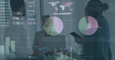 Sticker - Animation of financial data processing over diverse colleagues discussing work in office