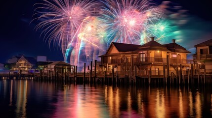 Wall Mural - Fireworks Display Over Waterfront Homes