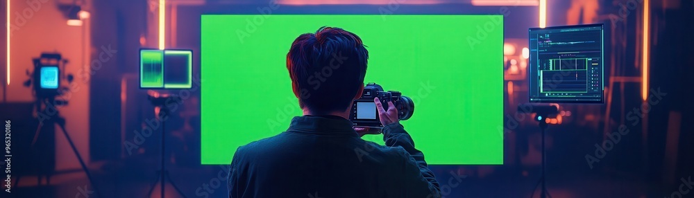 Capture a rear view of a tech-savvy Vlogger adjusting a camera in front ...
