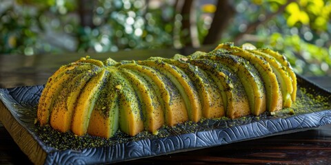 A delicious cake decorated with green frosting and sprinkled with poppy seeds. AI.