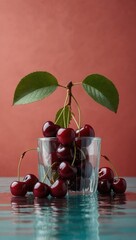 Sticker - A bunch of cherries are in a glass on a table