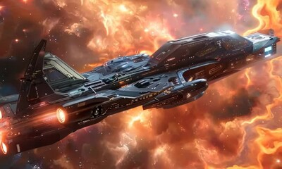 Poster - A realistic depiction of a sleek spaceship soaring through a nebula, its engines glowing and its hull reflecting the stars. Video