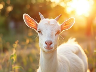 Sticker - A white goat looks directly at the camera with the sun shining behind it. AI.