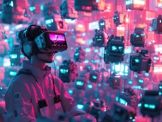 Craft a dynamic scene featuring a content creator broadcasting from a cyberpunk virtual reality setting