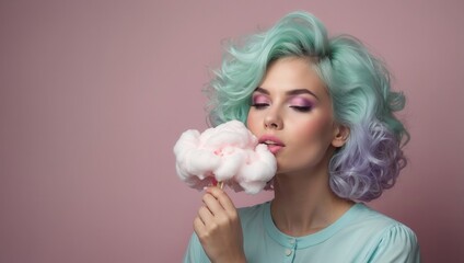 a woman with blue and purple hair is eating a pink cloud of cotton candy