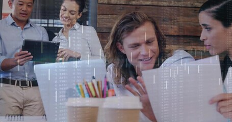 Poster - Animation of financial data processing over diverse colleagues discussing work in office