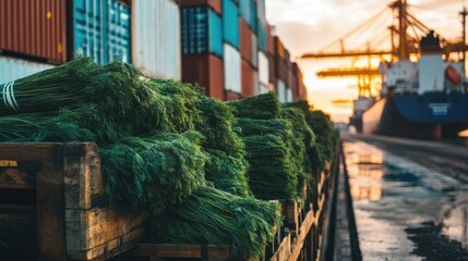 Sticker - Bundles of fresh dill placed near a cargo ship, prepared for global transport, emphasizing the international logistics of herb distribution.