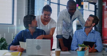 Poster - Animation of financial data processing over diverse colleagues discussing work in office