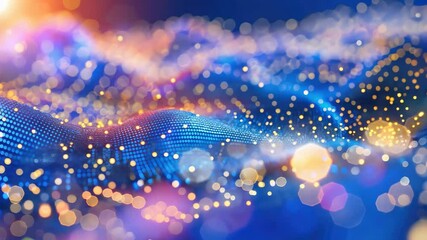 Fototapete - Witness a stunning display of glowing particles interacting with a deep blue background, creating a mesmerizing abstract visual experience