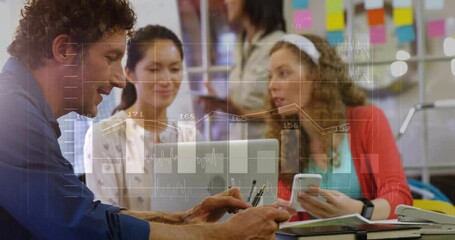 Canvas Print - Animation of financial data processing over diverse colleagues discussing work in office