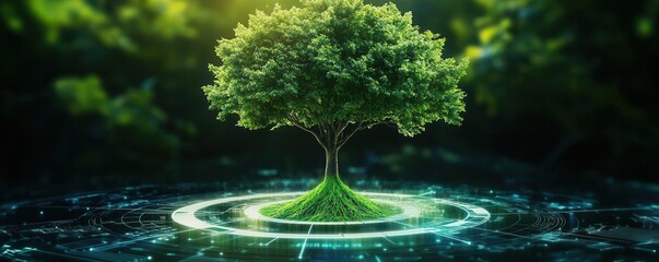 Photorealistic image of a tree growing from a circular economy diagram, representing the bio-green economy concept