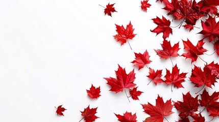 Wall Mural - Artistic maple leaf streamers against a clean white background, adding a unique, creative touch with ample space for Canada Day messages