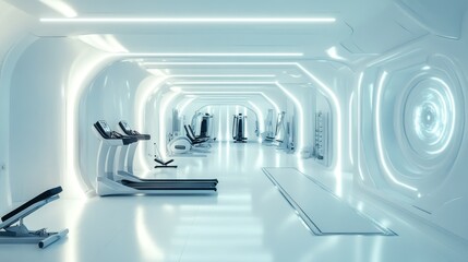 Poster - Futuristic White Gym Interior with Treadmills and Exercise Equipment