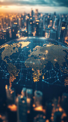 Poster - A globe with a city in the background. The globe is lit up with a blue and yellow color scheme