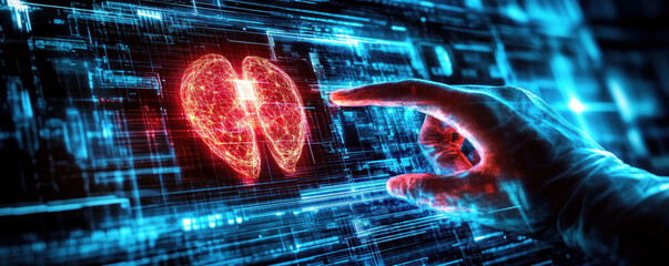 Poster - A hand is pointing at a red heart on a blue screen. The heart is surrounded by a red circle, and the blue screen is filled with a lot of lines and dots. Concept of urgency and importance