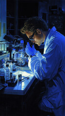 Poster - A man in a lab coat is looking through a microscope. Concept of scientific curiosity and exploration