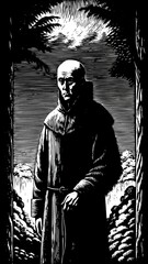 Monastic Figure in a Woodcut Style Illustration