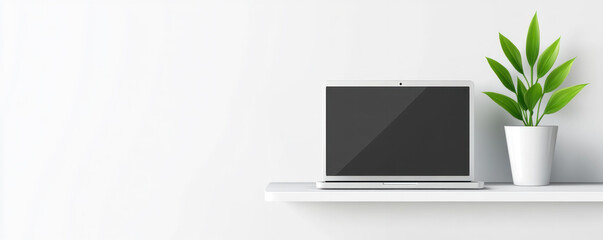 Poster - A white laptop sits on a shelf next to a potted plant. The laptop is turned off and the screen is black. The plant is green and has a small pot. Concept of calm and productivity