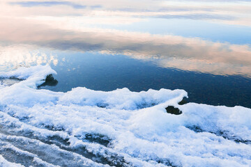 Ice on the shore of lake in winter. Clouds and sky are reflected in the water