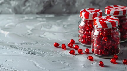 Wall Mural - Elegant Canadian flag candy jars on a light, textured background, adding a sophisticated and patriotic flair to Canada Day decorations with plenty of blank space for text