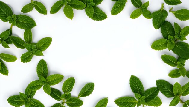 Mint leaves form a frame on a white background