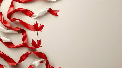 Elegant Canadian flag streamers on a neutral background, creating a sophisticated, festive look with plenty of room for Canada Day text