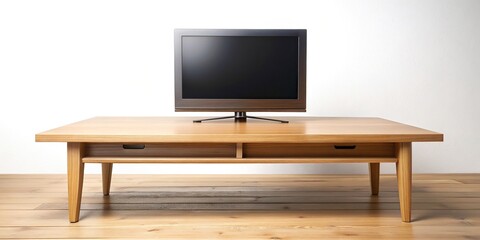 Wooden table with a white background designed specifically for placing a television on top using forced perspective technique, isolated, electronics, modern, perspective, space, relax