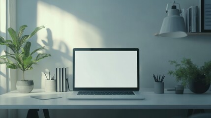 Poster - Minimalist Home Office Desk with Laptop and Plants