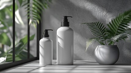 Two white pump bottles with black tops on a white surface with greenery and shadows.