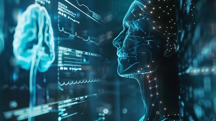 Digital representation of a human head with a glowing brain scan and data visualizations in the background.