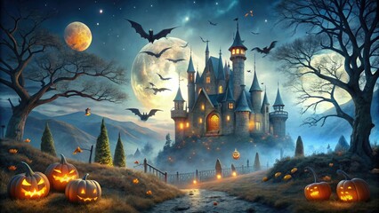 Wall Mural - Spooky twilight descends upon a eerie fairy tale castle, adorned with cobwebs and jack-o-lanterns, as bats and ghosts haunt the foreboding nighttime atmosphere.