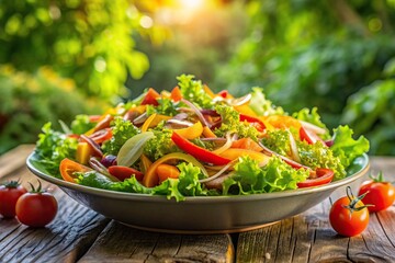 Fresh salad made with green lettuce shredded carrots ripe tomatoes and colorful bell peppers served in a beautiful garden bathed in morning sunlight, diet, vegan, colorful bell peppers