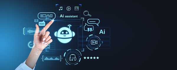 Fototapete - Hand pointing at AI assistant holographic interface on a dark background.