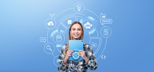 Poster - Woman using tablet, virtual screen AI hologram hud and chat bot assistant