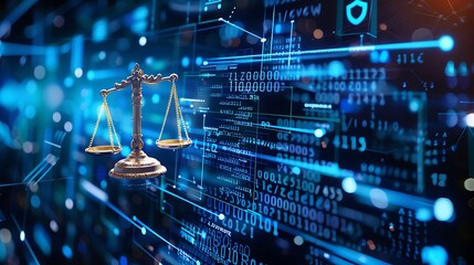 Poster - Digital representation of scales of justice amidst a vibrant cyberspace backdrop, highlighting the intersection of law and technology in our modern world.