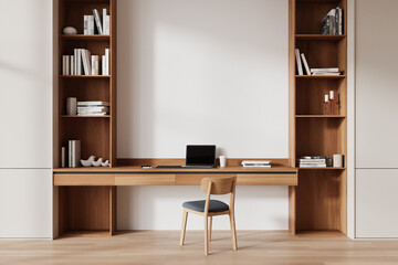 Poster - Modern home office with minimalist desk and built-in shelves in bright room. 3D Rendering